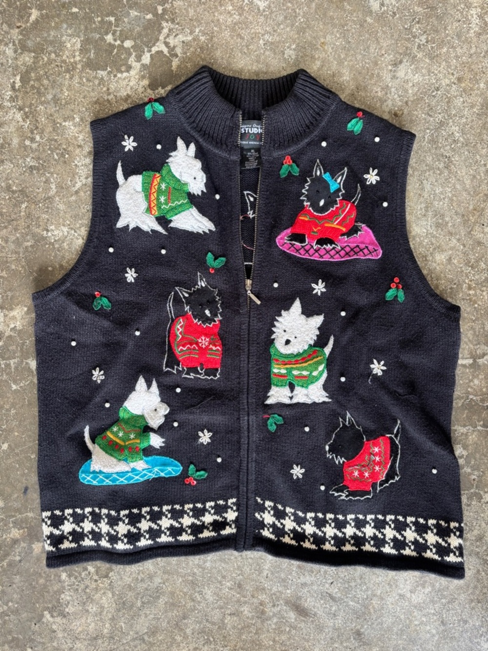 Black Knit Vest with Festive Dog Embroideries